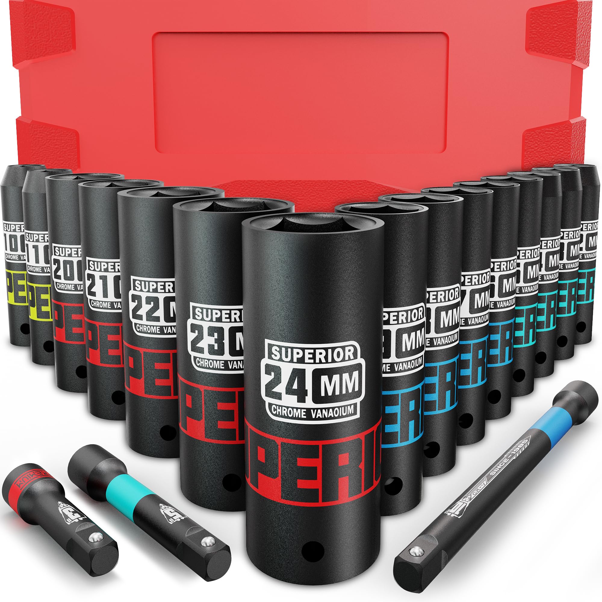 KIRXST 1/2 Inch Drive Impact Socket Set, 18 Piece Deep Sockets 10-24 mm, Metric Socket Set with 3" 5" 10" Extension Bar for Automotive Trucks Tractors Engines Repairing DIY Mechanic Tool