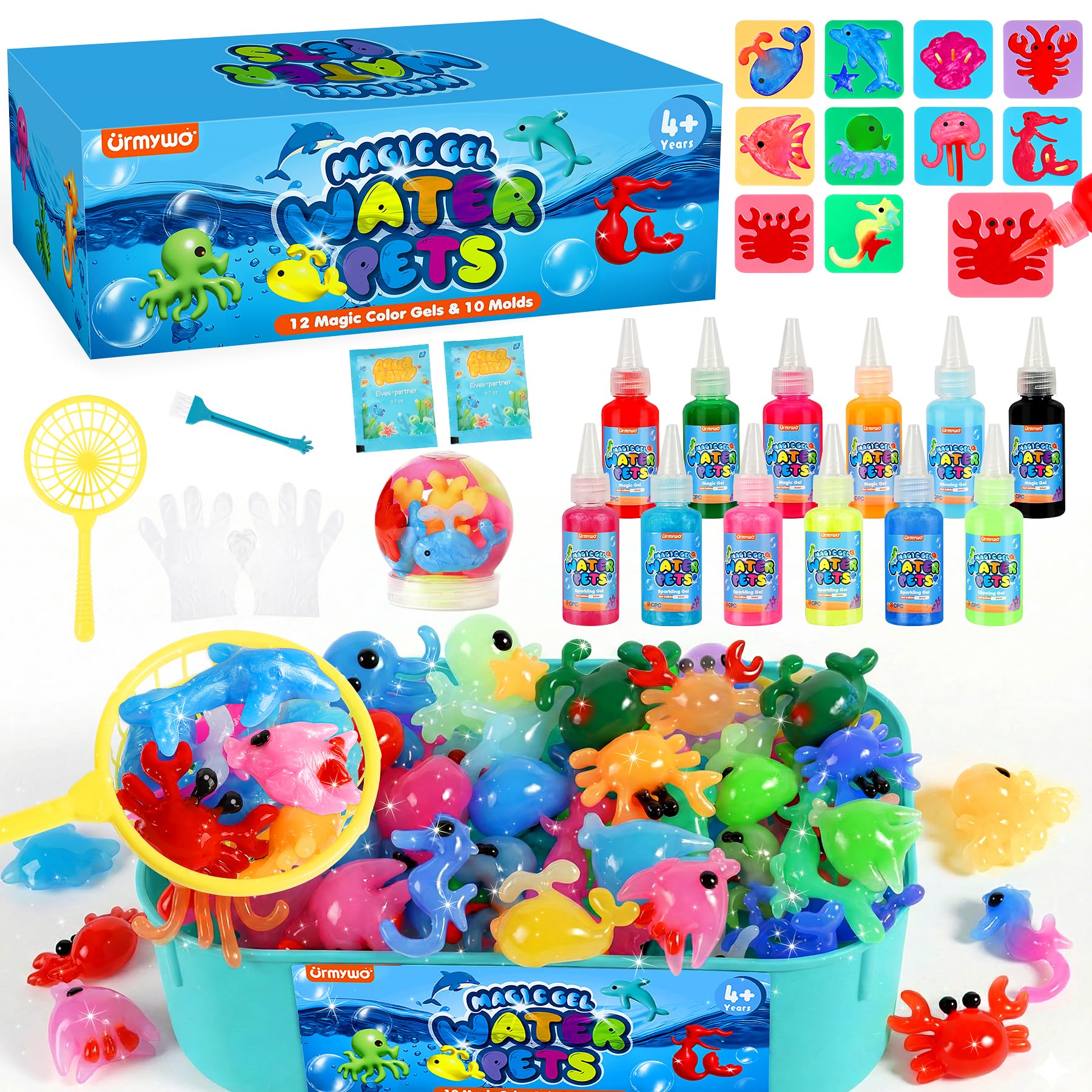 URMYWO Magic Water Elf Toy Kit, DIY 3D Magic Gel Pet Toy Set, 12 Gels & 10 Molds,Easter Gifts Craft & Art Kits for Kids 4 5 6 7 8 9 10 Years Old Mermaid Theme