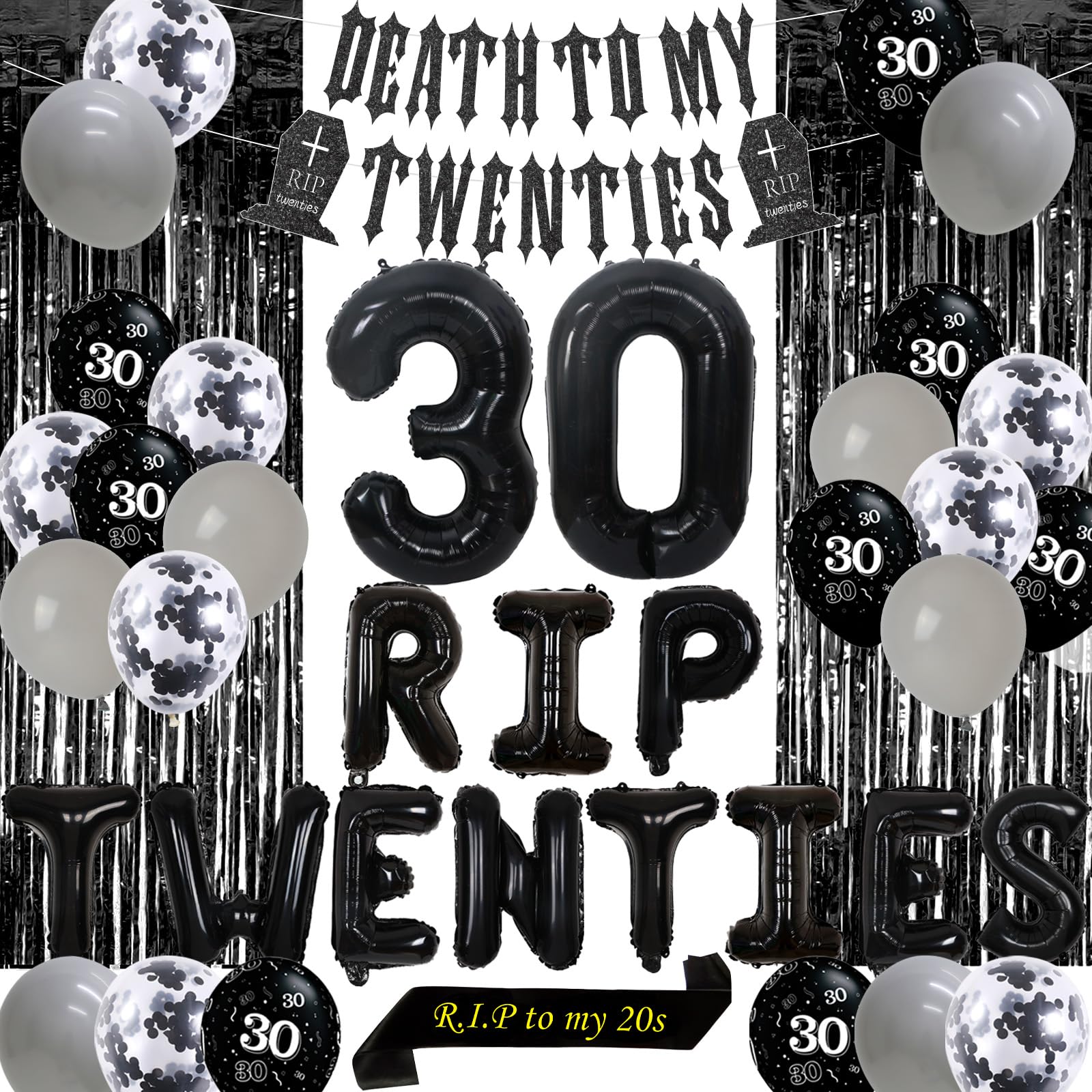 Sursurprise 30th Birthday Decorations Black for Women or Men, Death To My 20s Banner, Rip Twenties Balloons, Rip to My 20s Sash, Foil Fringe Curtains, 30 Year Old Birthday Party Supplies