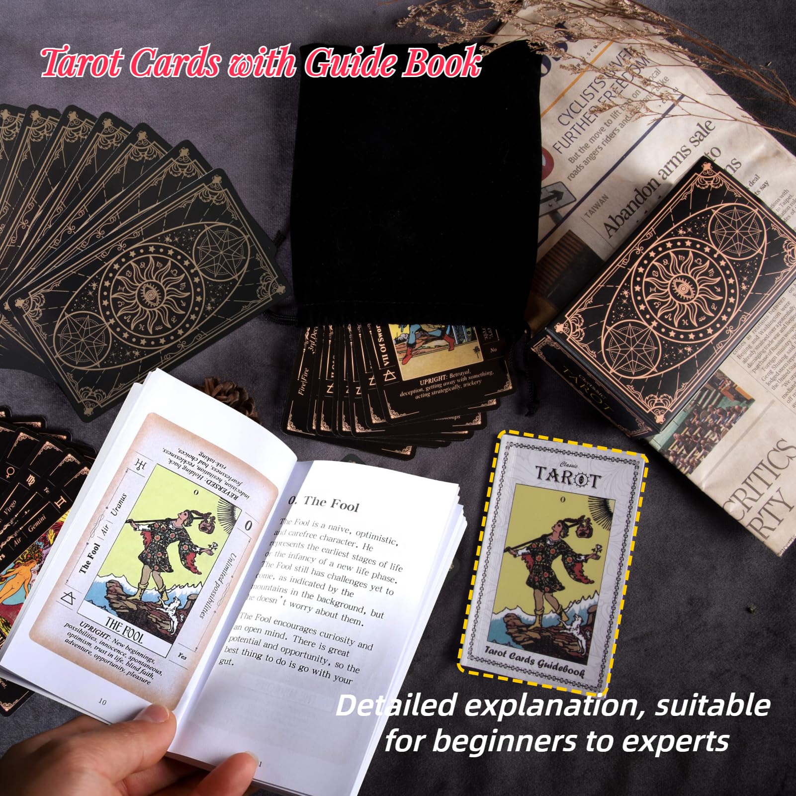 King's palace Rider Waite Tarot Cards for Beginners - 78 Cards with Meanings，Guidebook & Linen Carry Bag Included | Gift Set, Easy to Read | Shuffle-Friendly