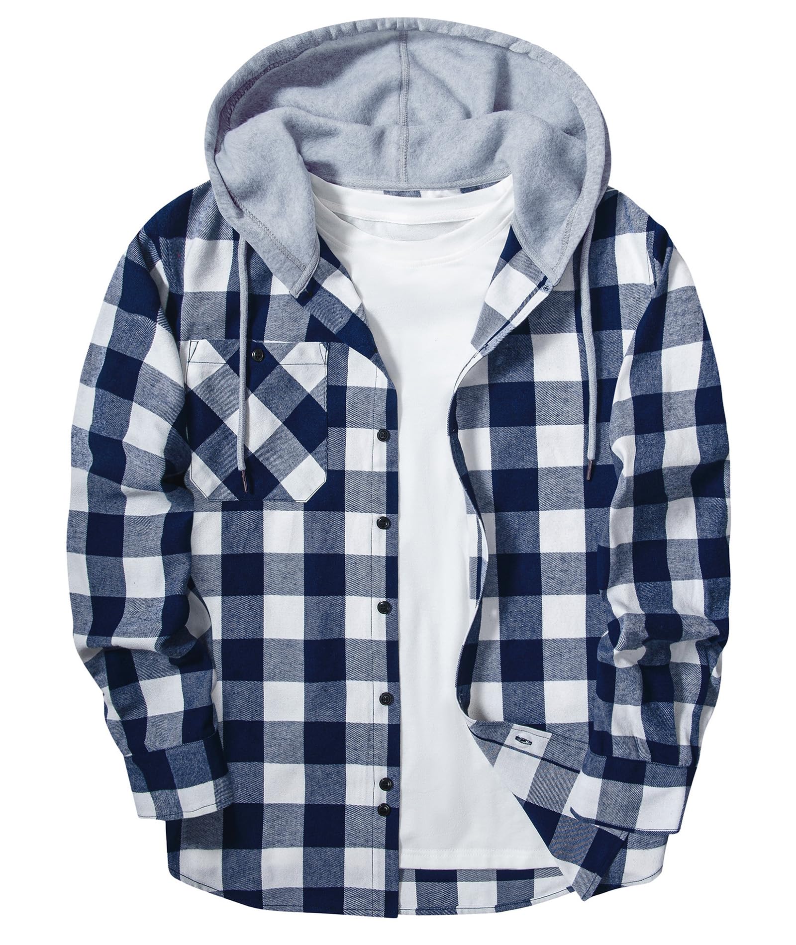 ZITY Men's Flannel Hoodie Shirts Casual Button Down Plaid Shirt Jackets for Men Long Sleeve Stylish Hooded with Pocket RoyalBlue White 3X-Large Image