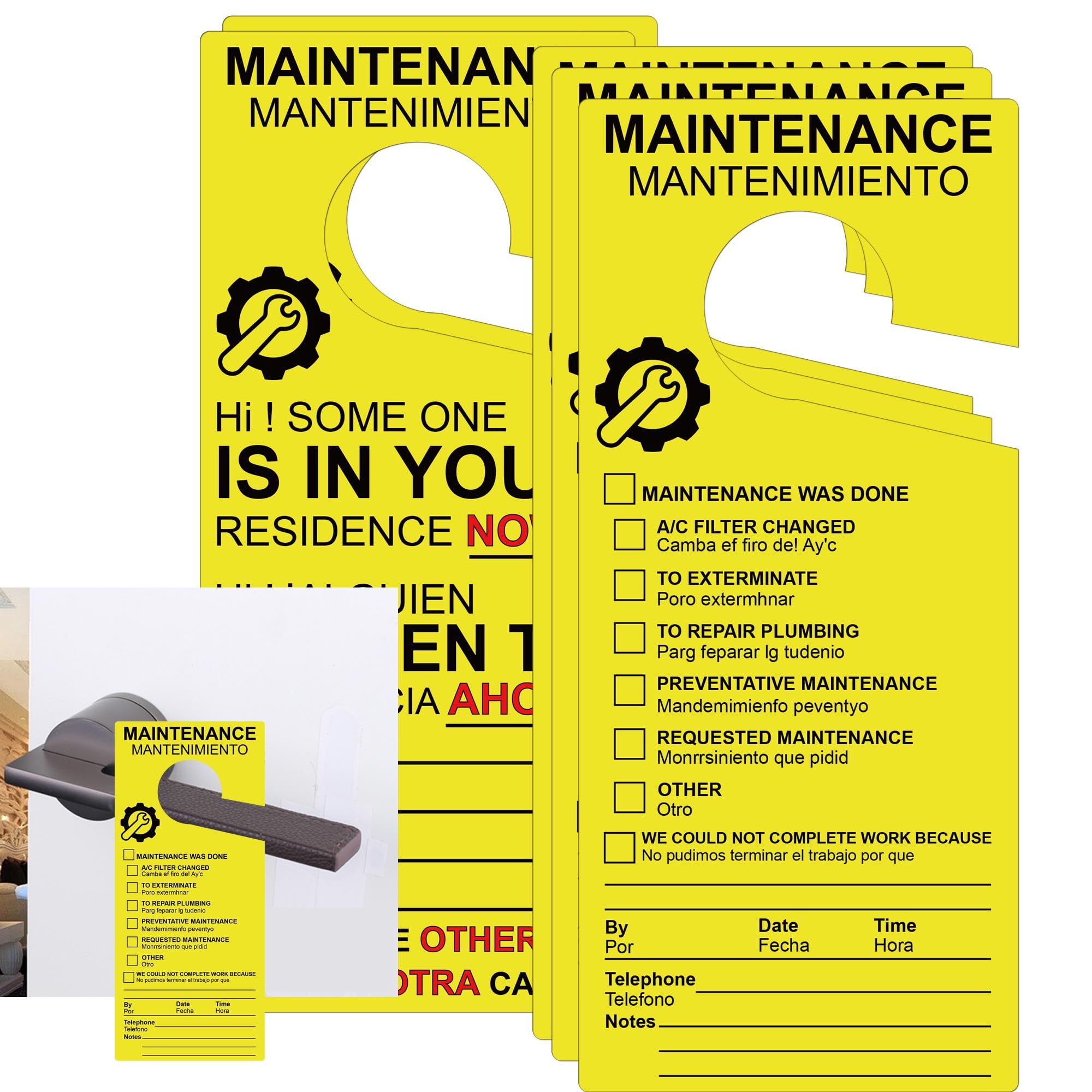 Maintenance Door Hanger Tags Bilingual 25 Pcs Blank Paper Door Hangers English and Spanish Maintenance Hang Tag 3.5 X 8 Inch Maintenance Tags Preventative Rentals Apartments for Door