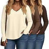 Huukeay 3 Pack Women's Plus Size Long Sleeve Shirts Thumb Holes V Neck Tunic Tops Loose Fit Curved Hem Casual 2026 Y2k Tees