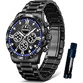 Heyssen Watches for Men Stainless Steel: Dress Watch for Mens Quartz Analog Wrist Luxury Black Metal Tone Blue Dial Big Classic Diver Waterproof Chronograph Black Face Business Man Gift