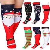 Cutecrop 6 Pairs Christmas Plus Size Compression Socks Wide Calf for Women Men 20-30 Mmhg Extra Wide Knee High Support Socks