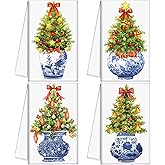 Macarrie 4 Pcs Chinoiserie Christmas Dish Towels 24" x 16" Blue and White Kitchen Hand Towels Porcelain Tea Dishcloths Xmas Bathroom Kitchen Decor Spring Holiday Housewarming Gift(Christmas Tree)
