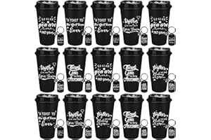 30 Pack Employees Appreciation Gift Set, Include 15pcs Reusable Plastic Coffee Cups with Lids + 15pcs Inspirational Keychain,