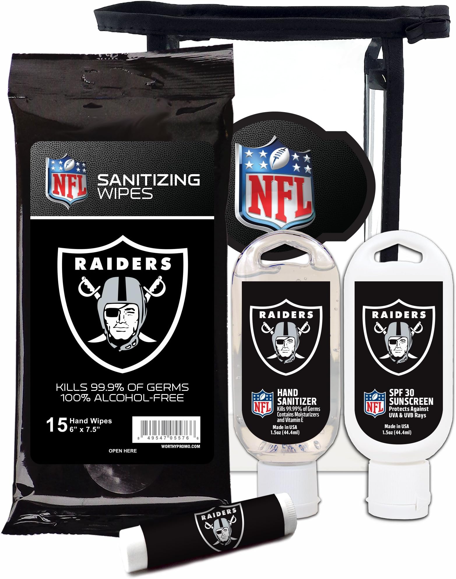 Worthy Promotional NFL Oakland Raiders 4-Piece Premium Gift Set with SPF 15 Lip Balm, Sanitizer, Wipes, Sunscreen