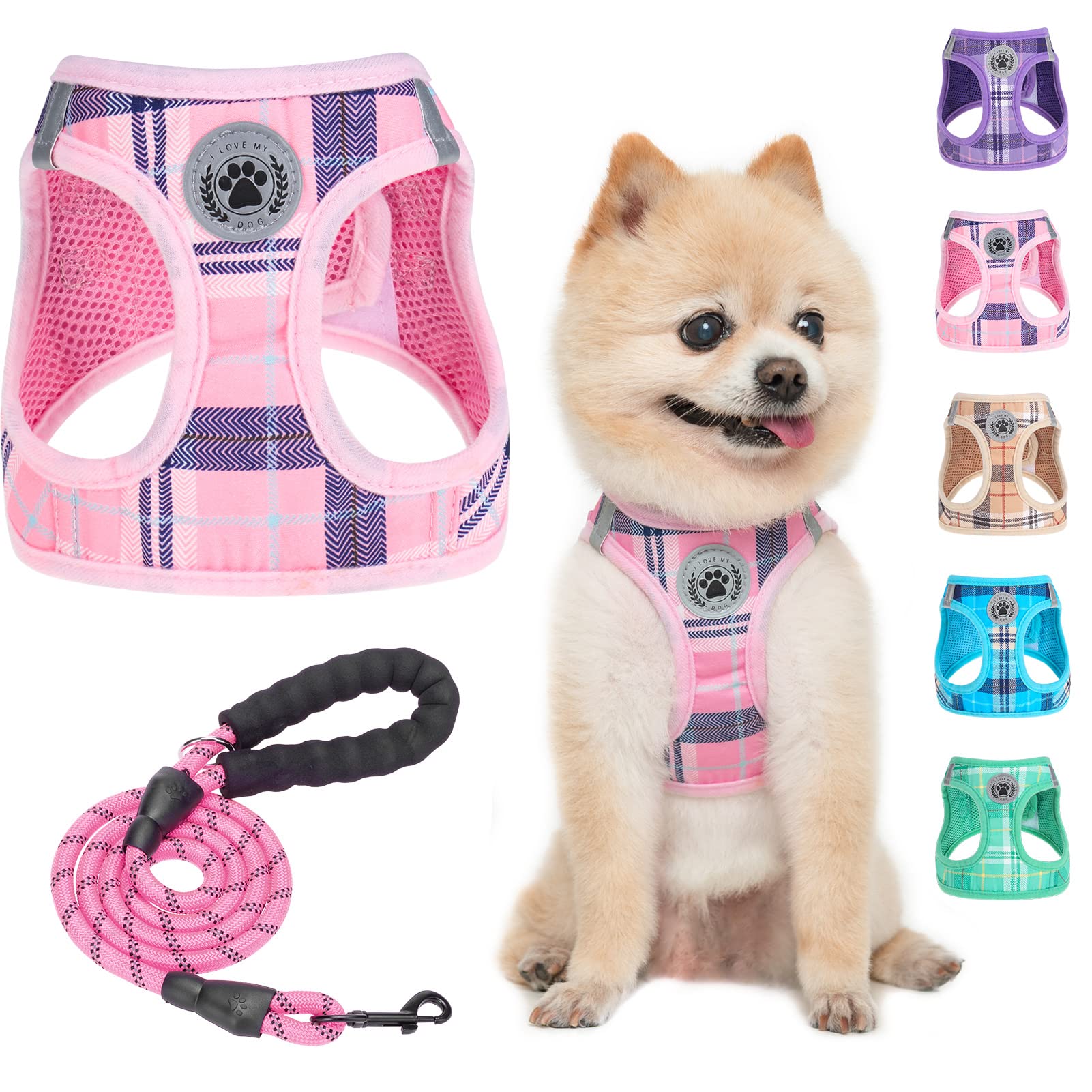 BEAUTYZOO Step-in No Chock No Pull Dog Harness & Leash Set w/ Reflective Strap - Soft Mesh Puppy & Cat Harness - Plaid Dog Vest for Extra-Small/Medium Pets - Pink S