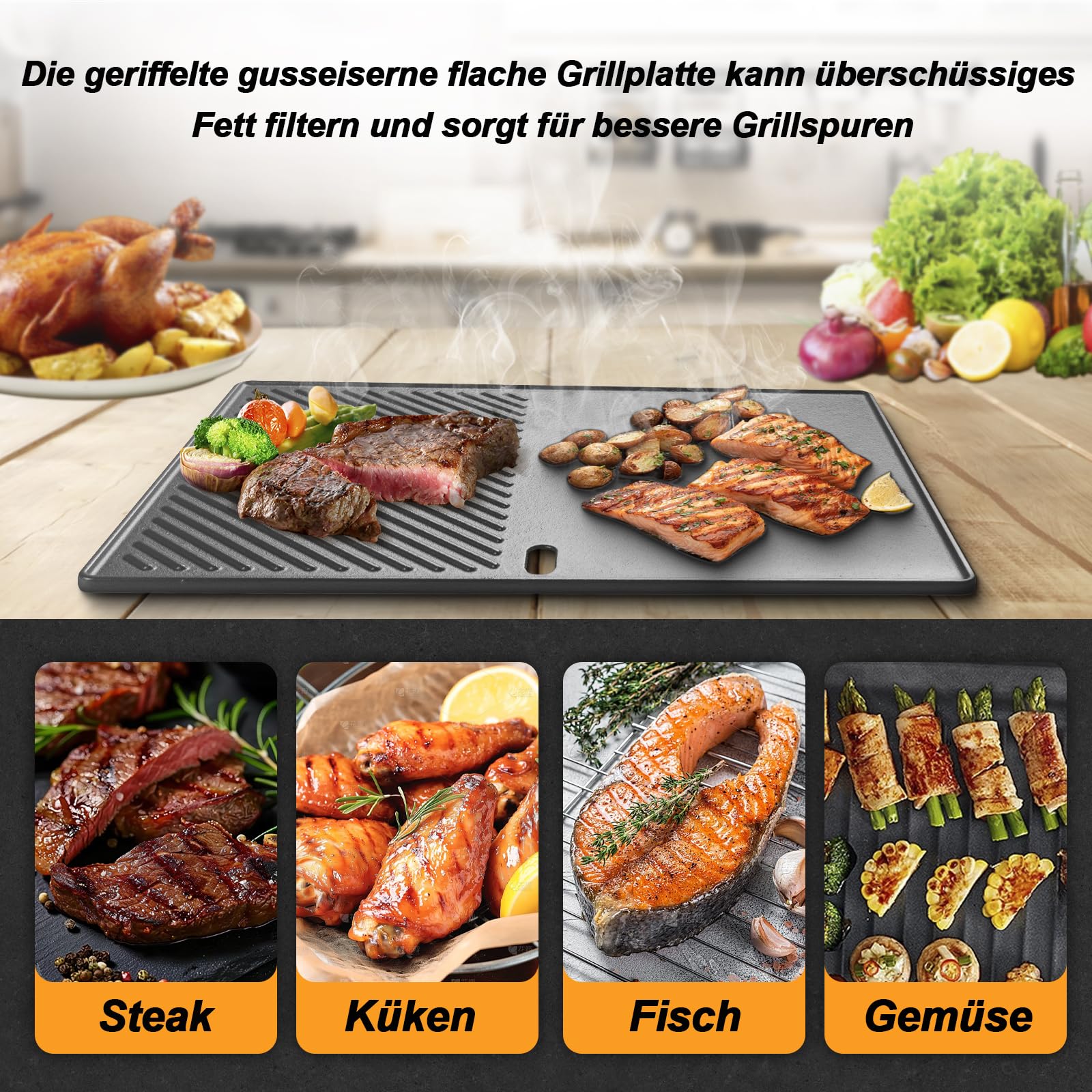Gusseisen Grillplatte für Landmann Triton 3 und 4 Brenner, Enders Boston 4, Enders Monroe PRO 4, Enders Boston 6 Gasgrill, 43,5 x 31,5CM Grill Plancha für Broil King Baron,Crown,Ersatzteile Bratpfanne 3