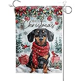 Merry Christmas Garden Flag 12x18 Inch, Xmas Cute Dachshund Dog Decorative Yard Flag Double Sided for Home Party Outdoor Outside House Lawn Winter Seasonal Holiday Decor