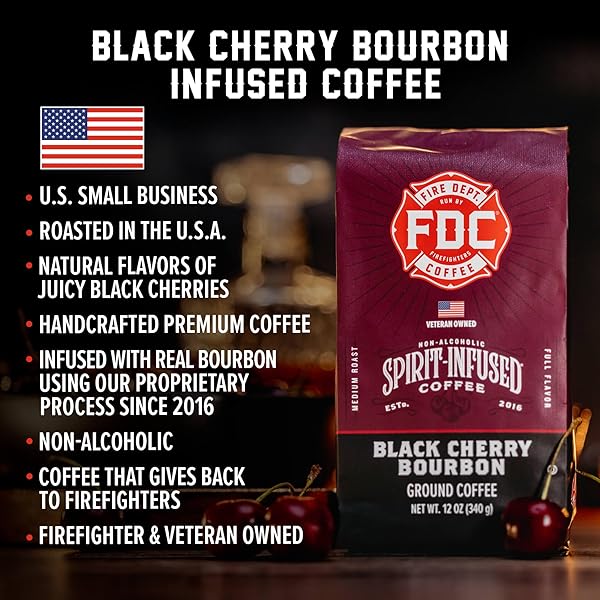 FIRE DEPARTMENT COFFEE – BLACK CHERRY BOURBON COFFEE – GIVES BACK TO FIREFIGHTERS – PREMIUM BOURBON INFUSED WHOLE BEAN – NON-ALCOHOLIC – ROASTED IN THE USA – VETERAN OWNED – 12 OZ