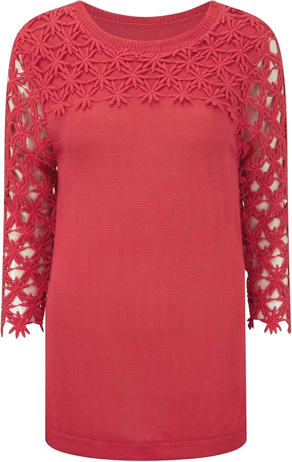 Cotton Traders Women's Ladies Lace Jumper Knitwear Crew Neck Fine Gauge Yarn Body Soft Coral 26