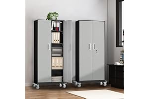 PETONLINE Tall Metal Garage Storage Cabinet, 72" Tool Storage Cabinet Utility Locker with Wheels, Adjustable Shelves & Locking Doors- Pantry Cabinets for Kitchen, Bathroom, Laundry Room, Basement Organization