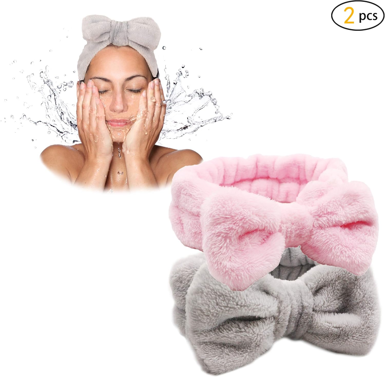Dofash Cute Bowknot Bow Makeup Cosmetic Headbands for Washing Face,Shower Hairbands, Spa Headbands for Women 2PCS (Light Pink+Gray) - Image 3