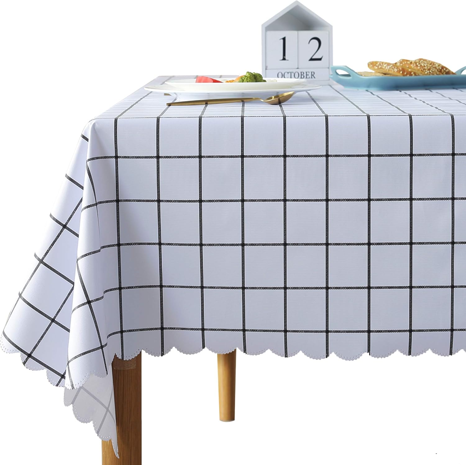 White Checkered Vinyl Tablecloth Rectangle 54 x 78 Inch