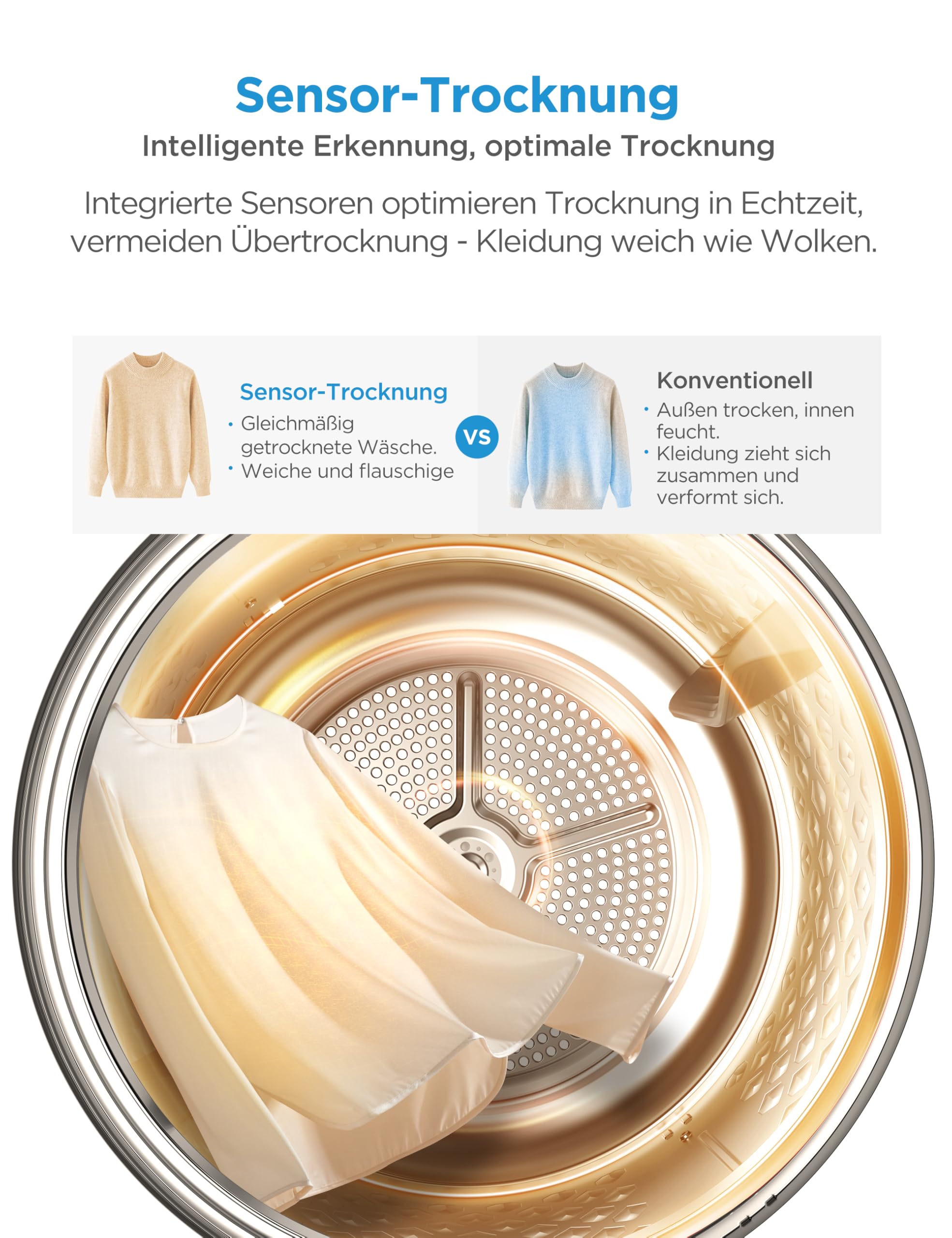 Midea MD11EH80BD Wärmepumpentrockner, 8 kg, Energieklasse D, Schnelltrocknen 35', HealthGuard, Sensor-Trocknung,Auffrischen,Knitterschutz, Auffrischen Wolle, Weiß 5