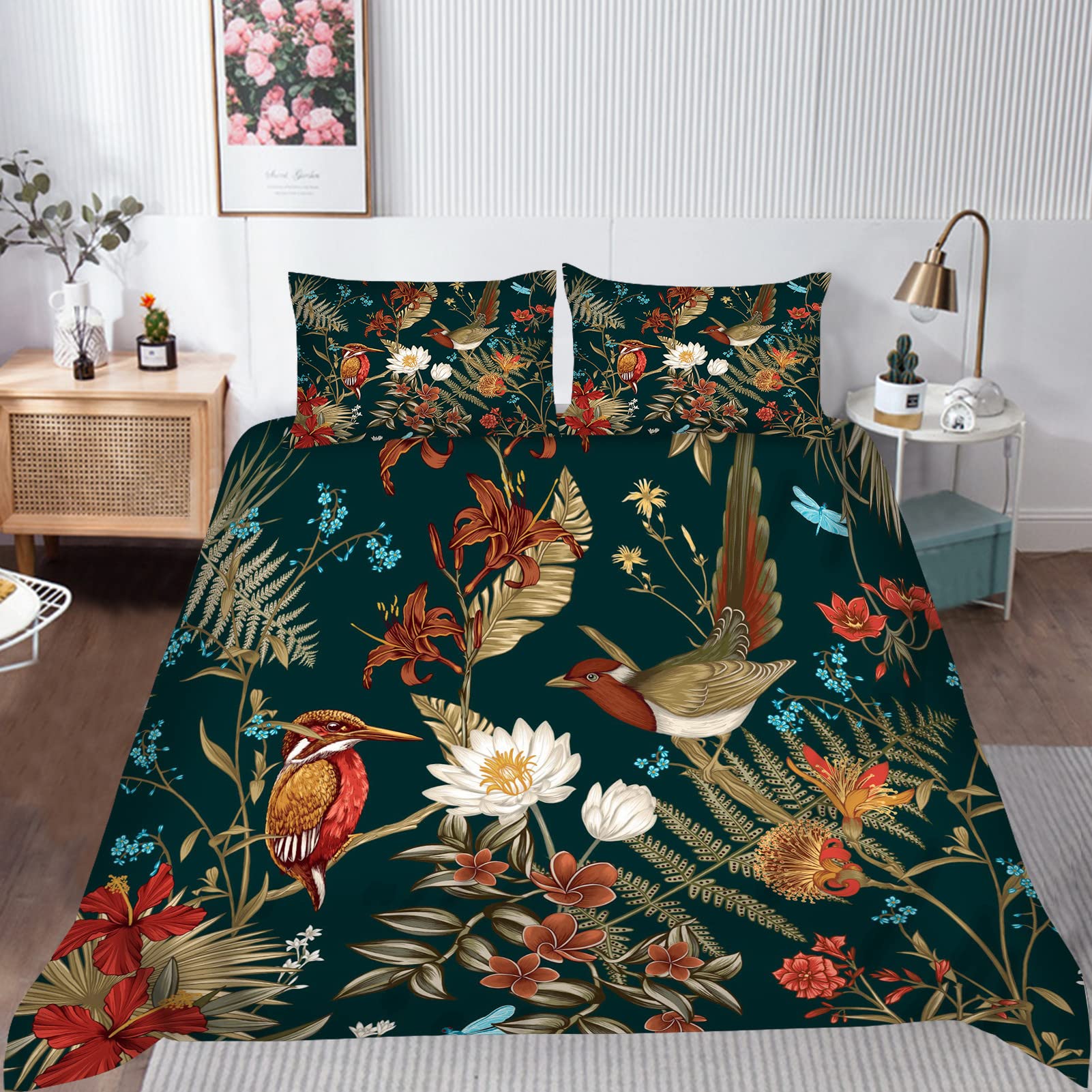 YUANZU Tropical Bird Bedding Set Double for Woman Girls Duvet Cover Set 3 Pieces Flower Jungle Plant Tree Leaves Printed Soft Microfiber Quilt Cover with Zipper Closure (200 x 200 cm & 2Pillowcase) โ image 1