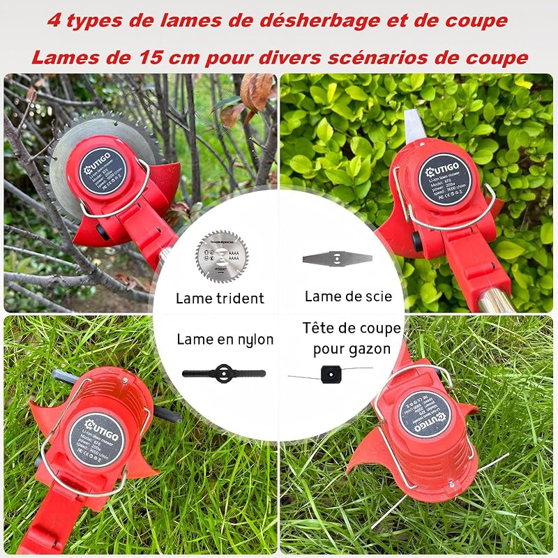 Debroussailleuse Electrique sans Fil, Débroussailleuse à Gazon Pliable avec 2 Batteries et 4 Types de Lames, Triple poignée Pliant, Pelouses et Terres Agricoles