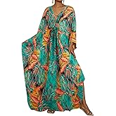 Bsubseach Kaftan Dresses for Women Floral Printed Plus Size Beach Cover Up Maxi Batwing Sleeves MooMoo Caftan Dress