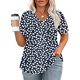 VISLILY Womens-Plus-Size-Summer-Tops Casual V Neck T Shirts Dressy Puff Short Sleeve Tunics Tee Cute Pleated Blouses XL-5XL