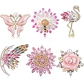 Hoteam 6 Pcs Rhinestone Crystal Inlaid Brooch Set Butterfly Flamingos Bouquet Flower Lapel Pin Women Pink Elegant Vintage Brooches for Wedding Bridal Dress Accessories Party Enamel Pin Gift