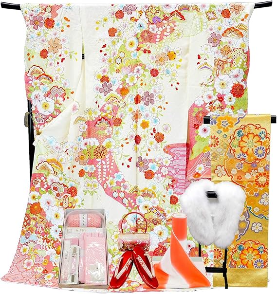 Amazon 仕立て付き 正絹 お振袖 フルセット32点 F 793 辻が花 絞り 銀通し 古典柄 赤 薄黄色 クリーム色 成人式 卒業式 結婚式 セット 一式 着物 通販