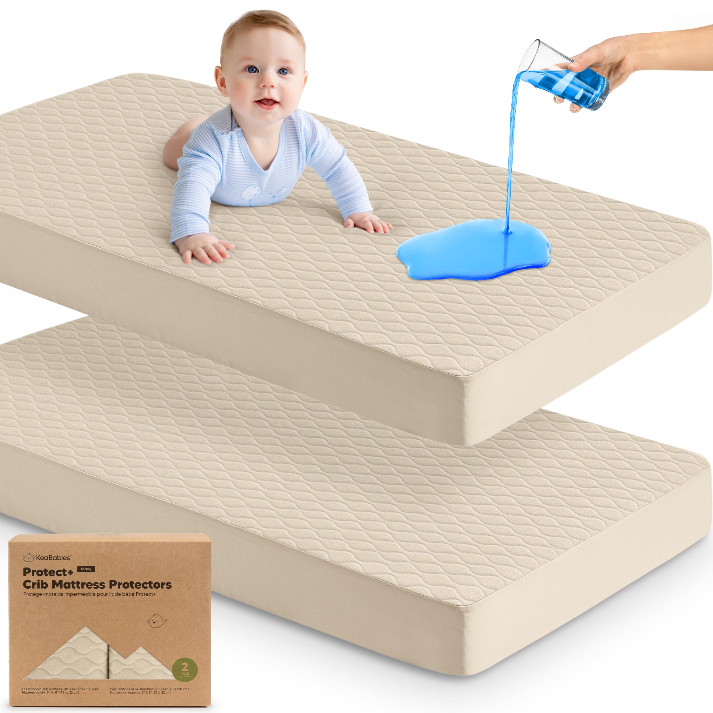 Photo 1 of Waterproof Crib Mattress Protector Cover Fitted - 2-Pack Quiet Baby Crib Mattress Pad Sheets, 52" x 28" Soft Quilted Cotton Baby Sheet, Machine Washable, Easy Fit, Durable (Oat/Mavy)