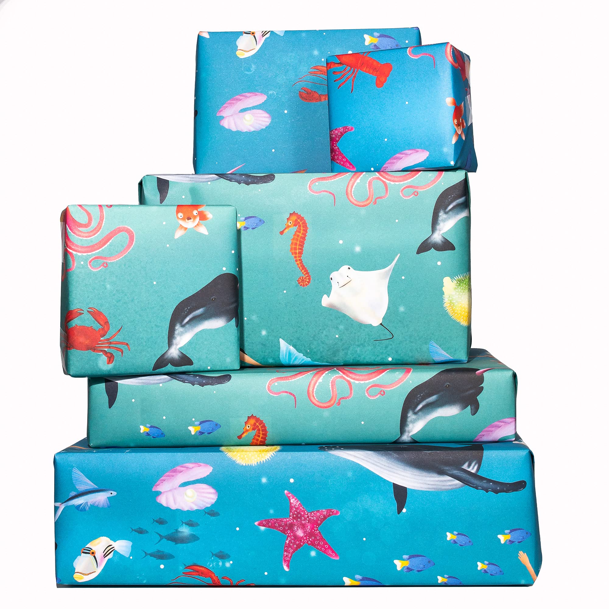 Fish Wrapping Paper - (x6) Sheets Children’s Gift Wrap - Kids Birthday - Turtle Shark Lobster - For New Baby Boy - Girl - Teal Blue - Recyclable - By Central 23