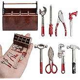 Miniature Tool Box Dollhouse 1/12 Scale Kit Set, 8Pcs Metal Working Tools with Mini Wood Toolbox, Doll Garage Accessories, Tiny Model for House Building, Garden Outdoor Repair, Rustic Farm Crafts