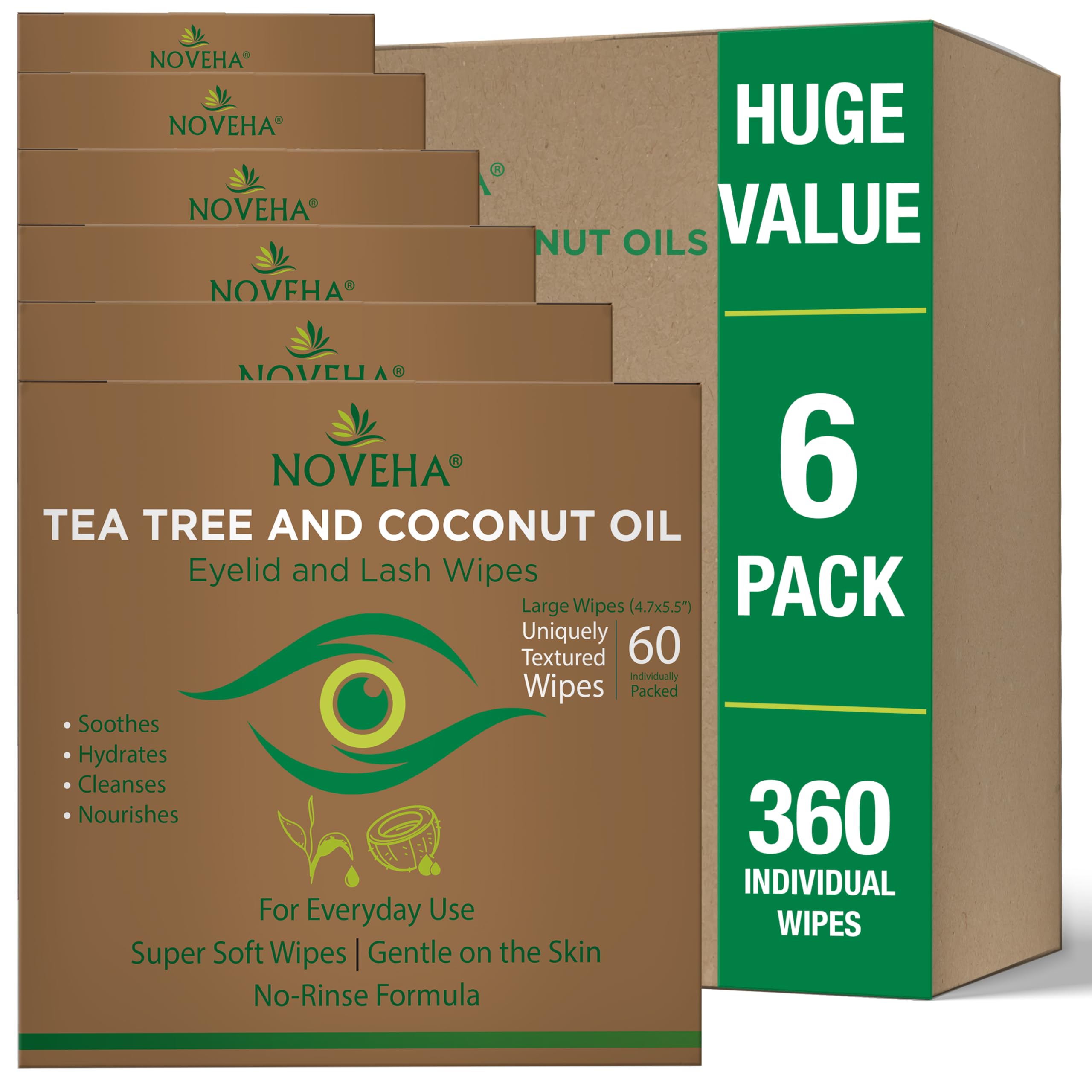 NOVEHA 360PCs Tea Tree & Coconut Oil Eyelid & Lash Wipes | For Demodex, Blepharitis & Itchy Eyes, Box Of 60 Individually Wrapped Eyelash Wipes With Aloe Vera, Natural Makeup Remover Image
