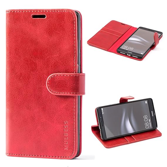 Mulbess Ledertasche im Ständer Book Case / Kartenfach für Huawei Mate 8 Tasche Hülle Leder Etui,Wine Rot
