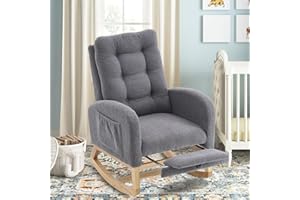cinkehome Nursery Rocking Chair with Retractable Foot Rest, Teddy Glider Rocking Chair, Mid Century Rocker Chair, High Back, Solid Wood Legs