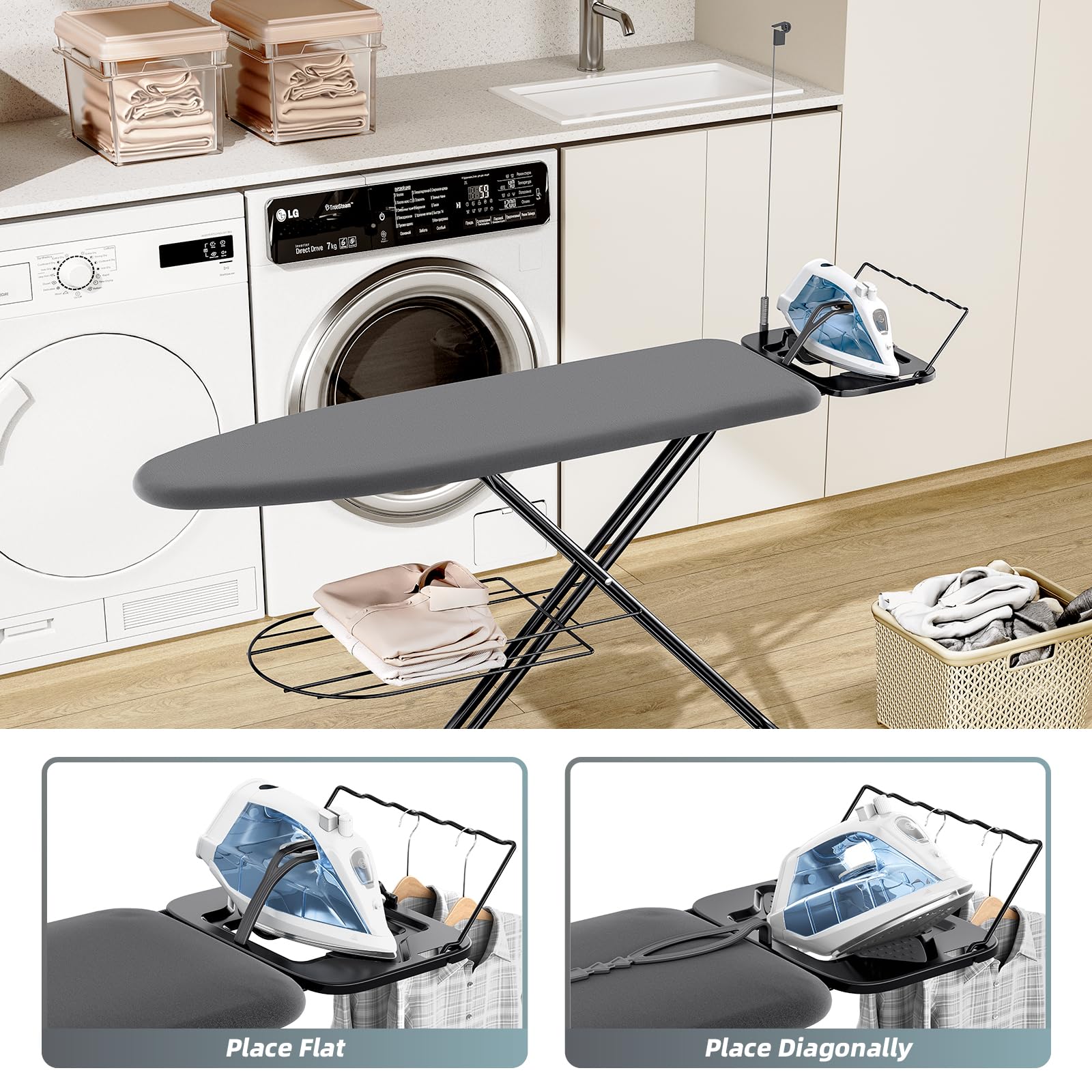 KINGBOARD Ironing Board, Compact Iron Board Full Size with Extra Thick Cover, 7 Adjustable Heights Stand with Hanger and Iron Rest, Large Heavy Duty Ironing Board with Storage Tray, 13x43 Black