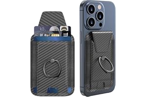 KPNEOL Magnetic Wallet Card Holder for iPhone 15/14/13/12 Series, 360°Rotation Finger Ring Kickstand, RFID Blocking, Store 7 Cards, Cell Phone Sleeves Mag-Safe Wallet Carbon Fibre Black