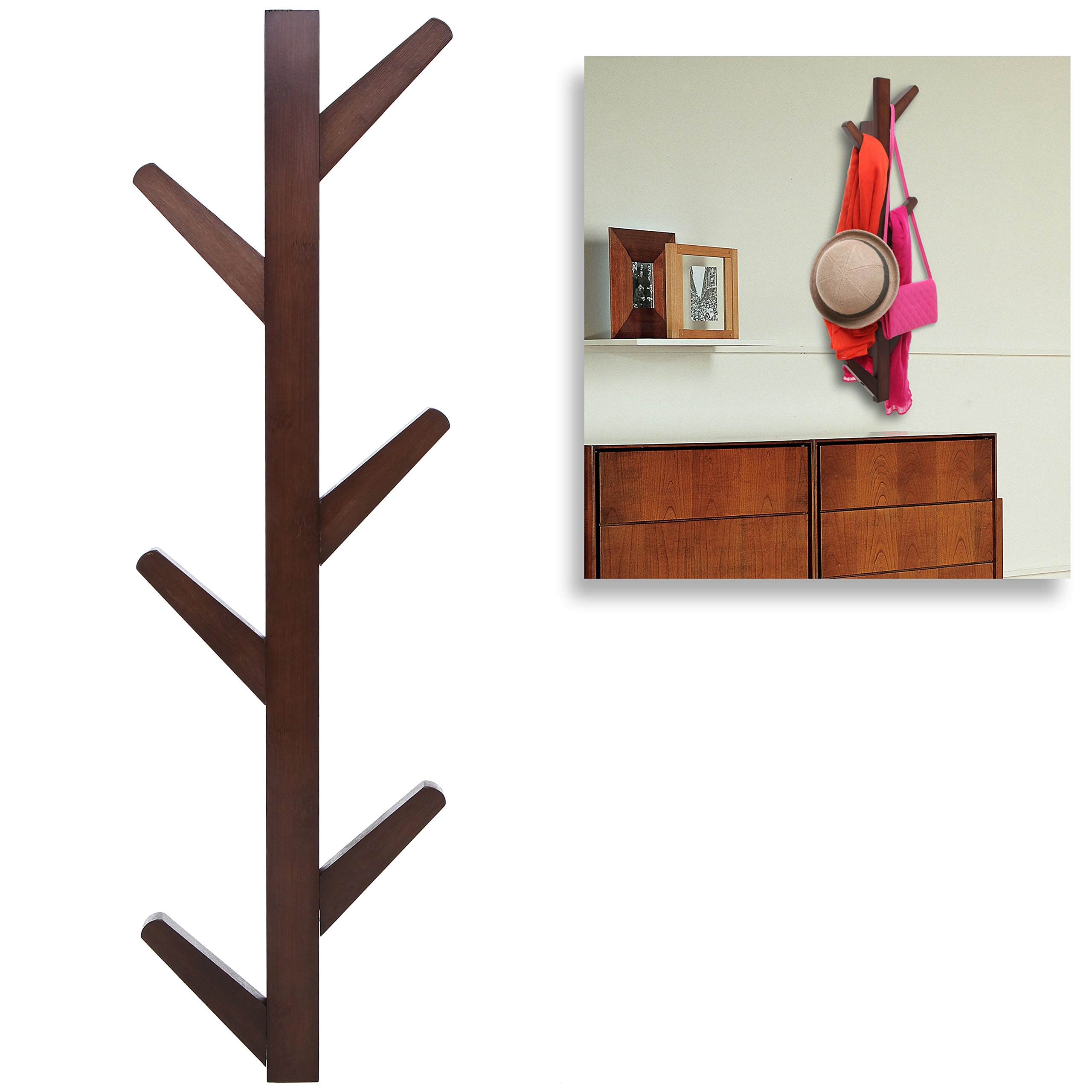 Modern Brown Bamboo Wall Mounted 6 Hook Hanging Storage Organizer