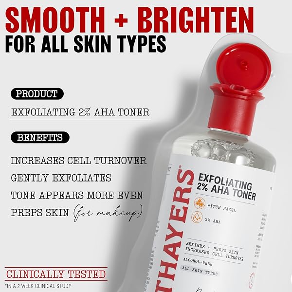 THAYERS 2% AHA EXFOLIATING AND BRIGHTENING TONER WITH GLYCOLIC ACID, LACTIC ACID AND WITCH HAZEL, SMOOTHING AND PORE REFINING SKIN CARE FOR ALL SKIN TYPES, 12 FL OZ​