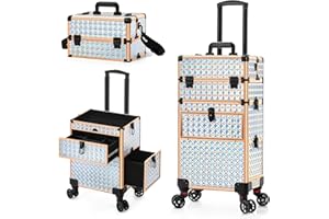 AROUS Rolling Makeup Train Case with Large Drawer, Multi-functional Cosmetic Trolley with 360° Swivel Wheels Keys, Large Storage Traveling Cart Trunk, Train Cases for Nail Technicians Hairstylist