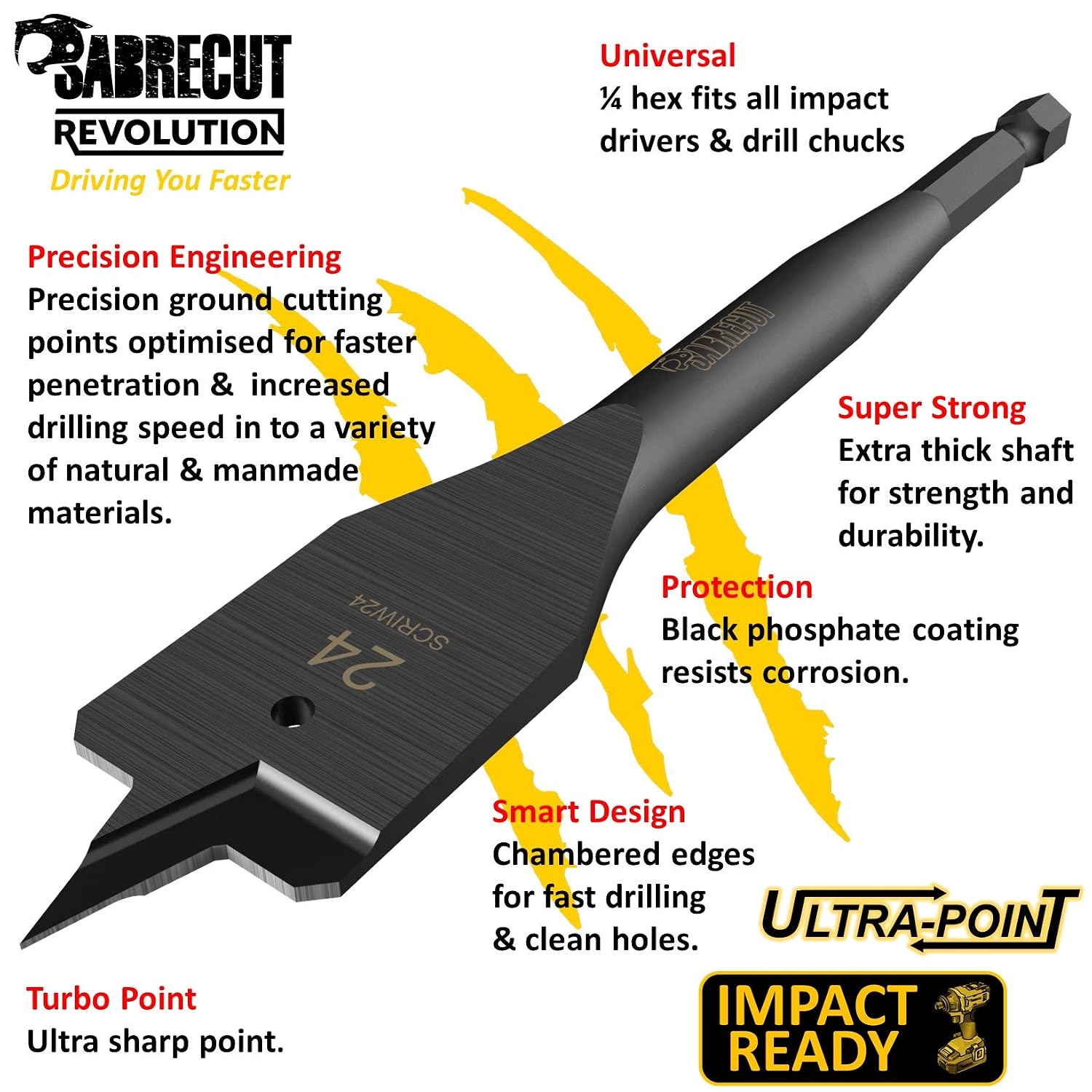 1 x SabreCut SCRIW24_1 24mm x 152mm Impact Rated Flat Wood Spade Bit for Softwood Hardwood Chipboard - Image 3