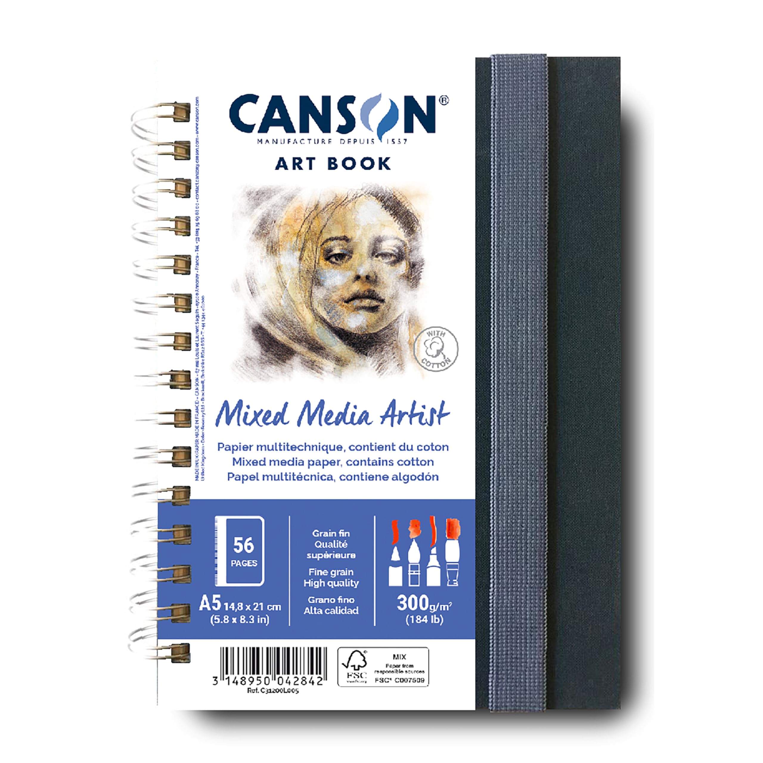 CANSON Professional Art Book, Fine Grain Mixed Media Paper, 300gsm, A5 Spiral Portrait Notebook, 28 White Sheets, For Professional Artists & Students