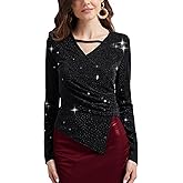 PEIQI Women's Rhinestone Top Long Sleeve Shimmer Glitter Sparkly Blouse for Cocktail Party Evening Shirts