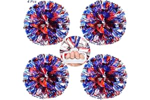 AUHOKY 4 Packs Metallic Cheerleading Cheer Pom Poms, Fluffy Cheerleader Pompoms with Finger-Friendly Ring, Cheering Pom poms for Squad Team Sports Game Dance Dress Party Kids Adults(Blue/Silver/Red)