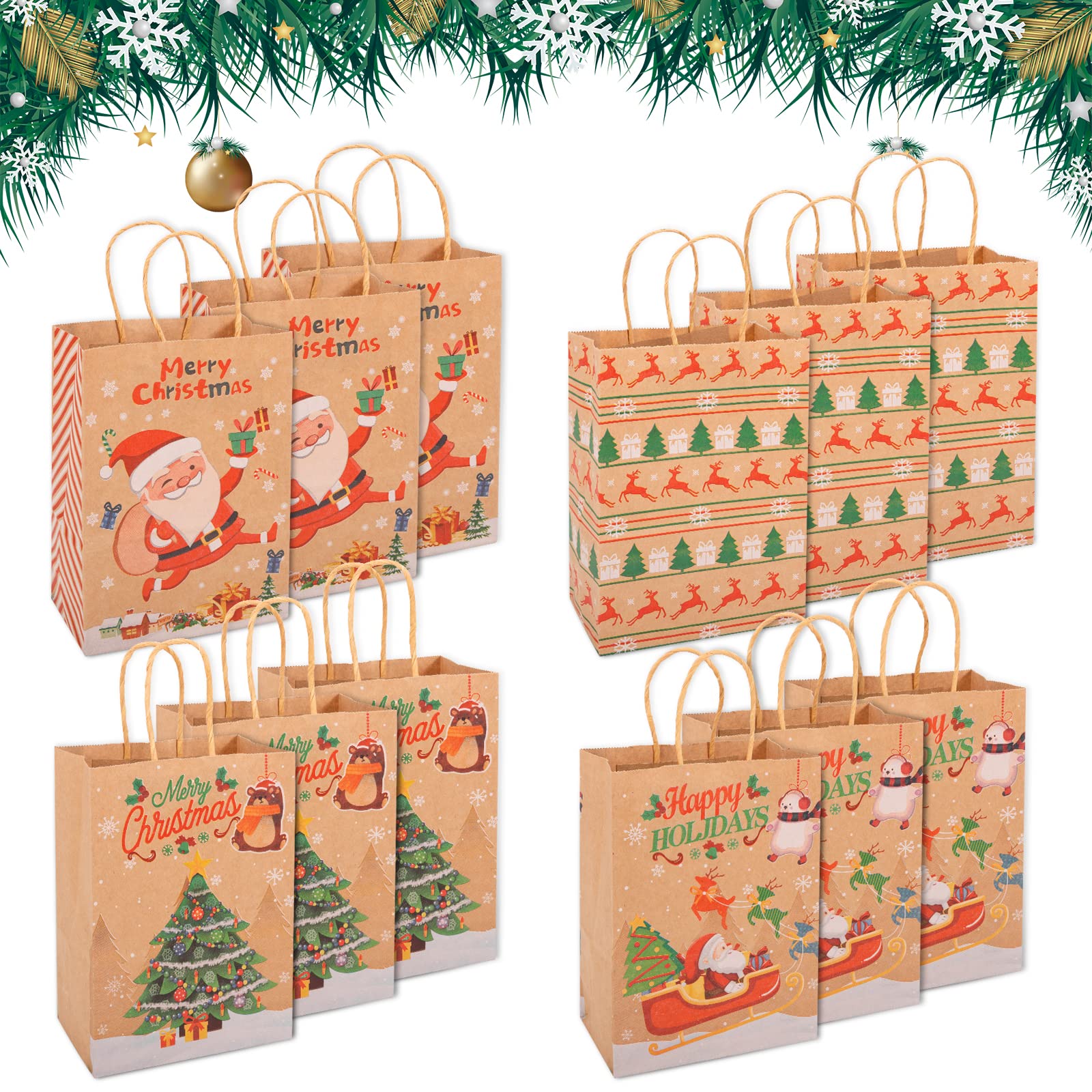 Christmas Kraft Paper Bags, SMALUCK 12 Pieces Xmas SMALL Assorted Paper Goodie Bags Bulk with handle for Christmas Party Favor Supplies 145x210x80 mm (Brown)