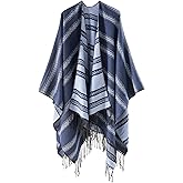 Hoosige Women's Tassel Open Front Poncho Cape 51.2 x 61'' Reversible Winter Warm Shawl Wrap Printed Poncho Cardigan for Women