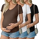 Ficerd 3 Pack Maternity Shirts for Women Cotton Blend Maternity Tops V Neck Side Ruched Pregnancy Short Sleeve Tunic Tees