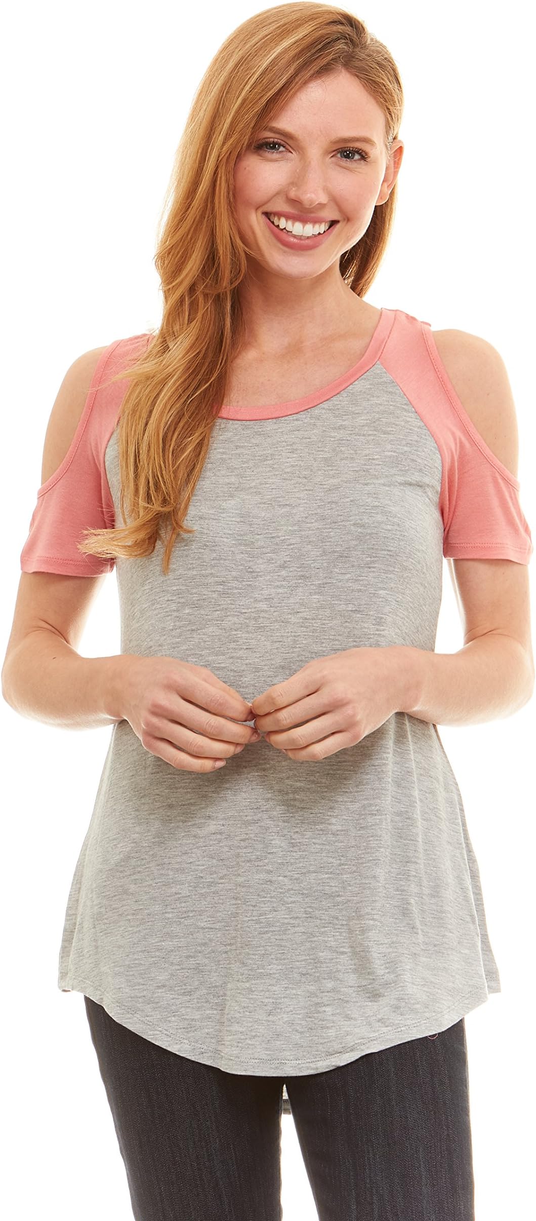 No Comment Juniors Womens Cold Shoulder Raglan Sleeve High Low Shirttail Hem Baseball Tee H. Grey/Latana L