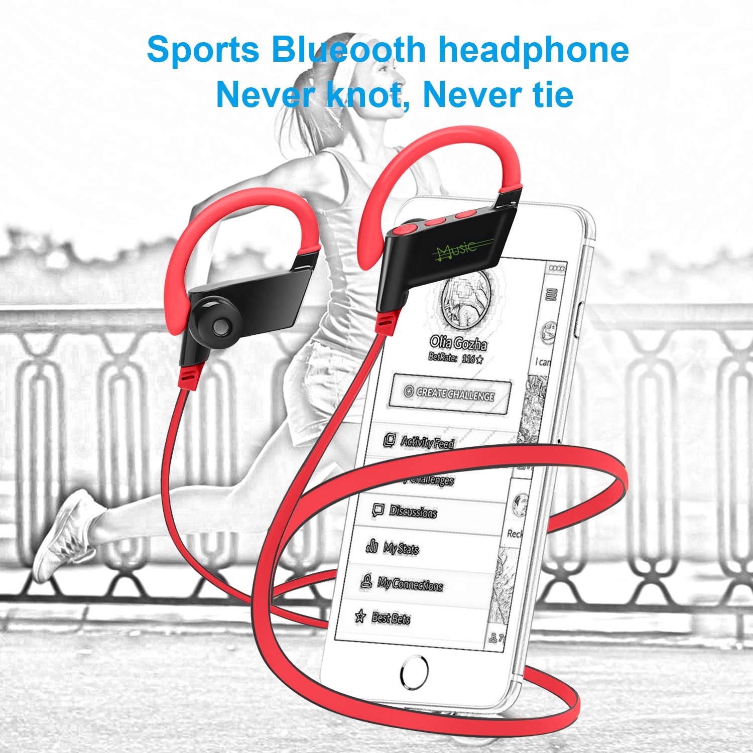 KELODO S808 Behind Neck Bluetooth Headphones, Rechargeable In-ear Earpiece Wireless Headset with Noise Cancelling for iPad iPod iPhone 5s 6 7 and Other Android Mobile or Apple Devices - Red