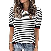 Zeagoo Womens Summer Tops Casual Short Sleeve Striped Sweater Shirt Crewneck Color Block Knit Blouses