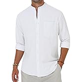 Alimens & Gentle Men's Cotton Linen Shirts Long Sleeve Button Down Shirt Band Collar Beach Shirts