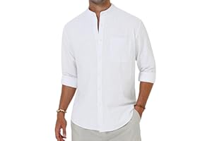 Alimens & Gentle Men's Cotton Linen Shirts Long Sleeve Button Down Shirt Band Collar Beach Shirts